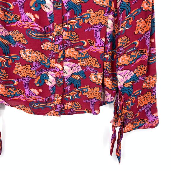 Anthropologie Darla Button Down Shirt Womens Sz 10 Red Bonsai Peacock Print - Picture 4 of 7